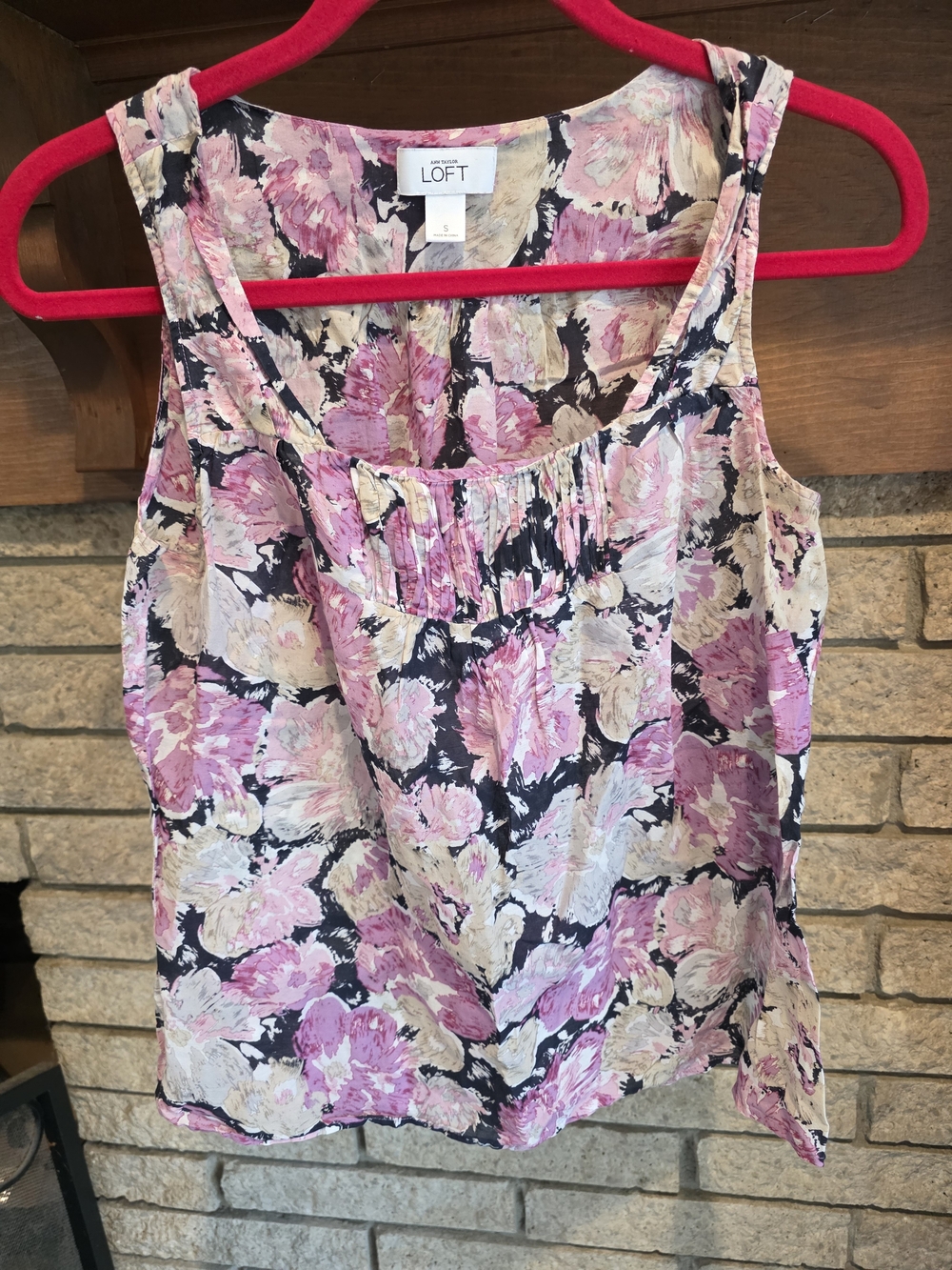 LOFT Pink Floral Scoop Tank with Navy Base- Cotton And Silk Blend - Picture 2 of 5